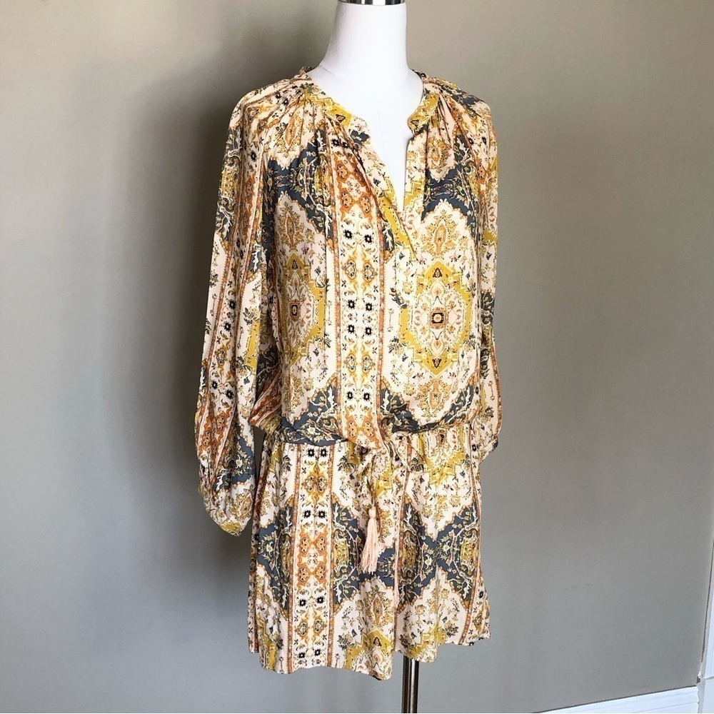 OLIVACEOUS yellow multi silky artsy boho mini dress S